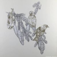 Close-up of the detailed White-Winged Crossbill print showing three birds on pine tree branch with cones.