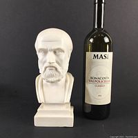Photo of white bust sculpture of Hippocrates next to a wine bottle for scale, showing detailed face and beard.