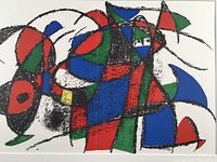 Close-up of central portion showing red, blue and green abstract shapes with black lines