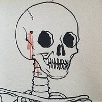 Closeup of skeleton head detail in the print showing black eye sockets and red neck shading.