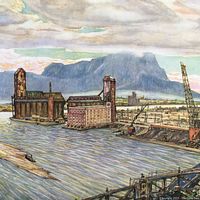 Close-up detail of the print depicting the harbor and mountain.