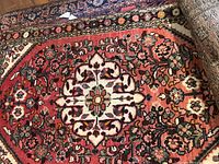 Close-up of the area rug showing central floral medallion and detailed border design.