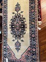 Close-up image showing a section of the carpet runner with central medallion and border pattern, highlighting intricate floral and geometric designs in navy blue, pink, and light beige colors