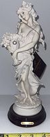Front view of Giuseppe Armani porcelain figurine standing barefoot holding flowers and basket on head, on wooden base.