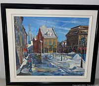 Full view of framed oil on canvas winter street scene
