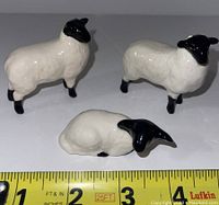Three vintage Beswick sheep figurines in black face and white wool, two standing and one lying down, with a measuring tape showing size.