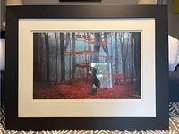 Framed fall forest photographic art print by Toronto artist Elizabeth Langdon, showing vibrant red leaves on forest floor and black trunks in misty background.