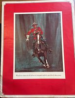 Print of a Royal Canadian Mounted Police officer in full red uniform riding a black horse with a red matting border and white corners.