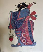 Full view of the signed lithograph print titled 'Strawberry Kimono' showing abstract figure in colorful kimono holding a strawberry.
