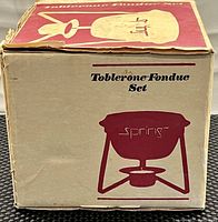 Cardboard box side showing Toblerone Fondue Set text and Spring logo.