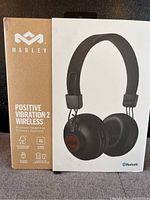 Front of Marley Positive Vibration 2 Wireless Bluetooth Headphones box showing product image and brand.