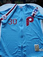Front of light blue Philadelphia Phillies jersey showing number 30, Phillies 'P' logo, and 1976 patch on sleeve.