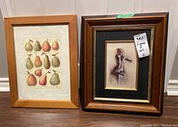 Two framed pieces of art hung side by side on a white wall. Left print shows botanical illustration of pears, right print shows nude figure sketch with black and gold frame.