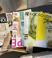 Stack of various magazines including Canadian House & Home and Food & Drink.