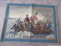Full view of tapestry showing George Washington Crossing the Delaware design with blue border.