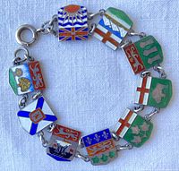 Front view of sterling silver bracelet showing enamel provincial shields with various flags and crests.