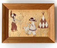 Full view of the framed quill art showing Native American boy and girl, dog, and teepee.