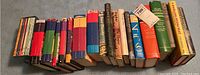 Photo of 21 vintage and Harry Potter books stacked horizontally, showing colorful spines of assorted sizes and titles.