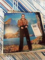 Photo of Elton John vinyl record album cover with Elton John wearing tiger-striped jacket and glasses, outdoors background