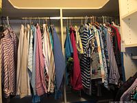 Full view of assorted shirts and blouses hanging on a closet rod showing variety of colors and styles.