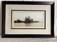 Framed photographic art print showing an island with trees on water, signed by Alicia Soave and numbered 54/950, with black frame and double cream and black matting