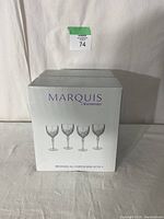 Box showing Waterford Marquis Brookside set of four all-purpose wine glasses, new in box.