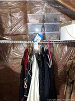 Photo of several ballroom dancing gowns hanging on hangers in a plastic-lined attic closet, showing the variety of styles and colors.