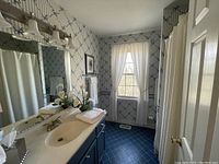 View of full bathroom showing sink, mirror, window, shower curtain, and towels.