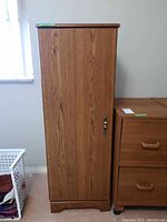 Front view of the wood cabinet showing door and metal handle.