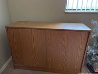 Front view of the wood veneer cabinet showing paneled doors and top surface.