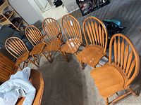 Group photo showing all six wood dining chairs arranged in a semi-circle on carpeted floor.