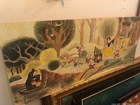 Full frontal view of vintage Disney Snow White and the Seven Dwarfs artwork on cardboard, showing forest scene with Snow White, dwarfs, and the Evil Queen in disguise.