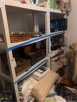 Full view of one white plastic shelving unit containing various boxes and household items.