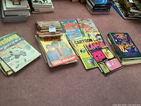 Overview of organized stacks of vintage magazines and books on carpet. Visible magazines include Hockey magazine featuring Bobby Orr, colorful comic and cartoon magazines, Life in the Forest, Lois Lane, and How in the World books.
