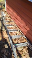 Ladder lying on ground covered with dry leaves beside a red exterior wall.