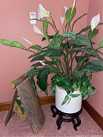 44 inch tall faux plant with broad green leaves and white flowers in a white planter on a dark wooden stand with feet.