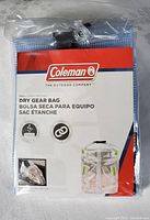 Front view of Coleman dry gear bag in original packaging showing brand label and product name.