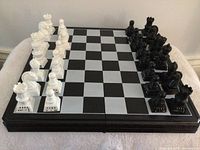 Chessboard set up with white and black plastic pieces labeled on bases for beginners, displayed open.