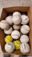 Top-down photo of a cardboard box filled with 15 used softballs and baseballs. The balls show dirt marks and wear. There are two bright yellow softballs and multiple white baseballs with red stitching.