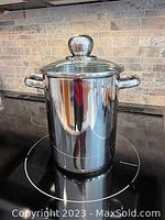 Tall stainless steel pot with glass lid on stovetop.