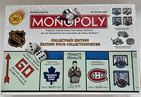 Front of NHL Monopoly Collector's Edition box sealed in plastic wrap with bilingual text and NHL branding, highlighting the 8 collectible pewter tokens.