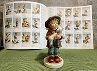 Figurine "Lost Sheep" in front of an open catalog showing various Hummel figurines.