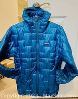 Front of the royal blue men's Patagonia light puffer coat showing quilted pattern, full front zipper, and Patagonia logo patch on the chest.