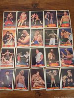 Top side of 20 WWF wrestling trading cards from 1985 showing various wrestlers and wrestling actions with titles and WWF logo.