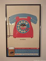 Front view of Beau's beer advertisement poster featuring a red and blue rotary phone illustration and beer glass. Text description and branding visible.