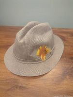 Light brown Stetson fedora hat with checkered pattern and yellow feather on side, sitting on wooden surface.