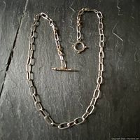 Full view of the sterling silver necklace showing chunky elongated oval chain links and the arrow toggle clasp.