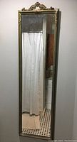 Full view of the floor length rectangular mirror with carved frame and some aged spotting on mirror glass.