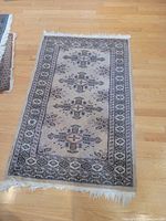 Full view of beige Persian area rug with geometric medallion pattern and white fringe