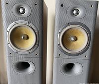 Front view of both speakers with drivers visible, grilles removed